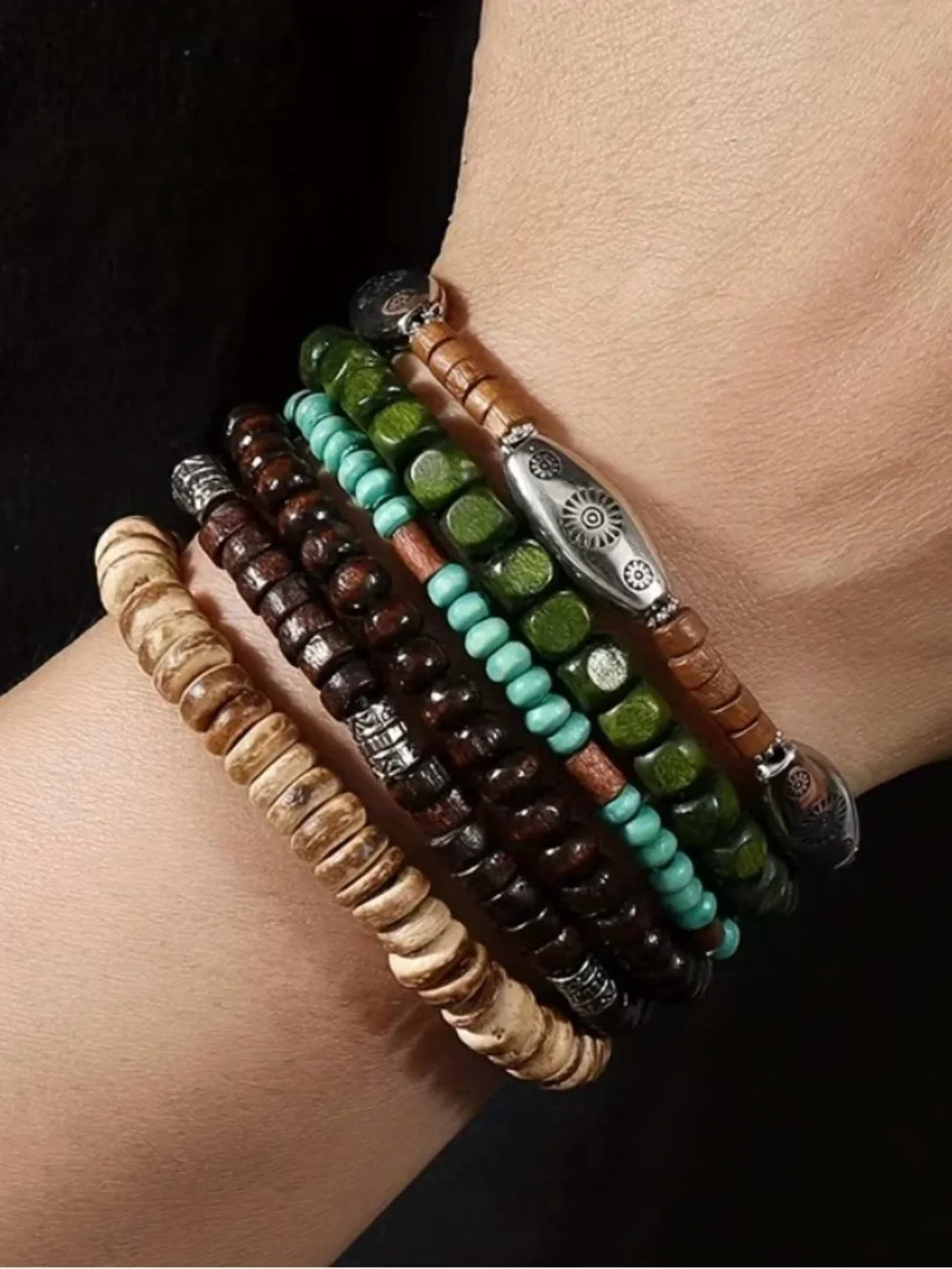 6pcs Bohemian Coconut Shell Wood Bead Bracelet Set in Turquoise, Brown & Black